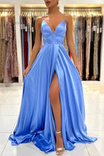 Simple Long Blue V-neck Spaghetti Straps Satin Evening Dresses With Slit