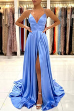 Simple Long Blue V-neck Spaghetti Straps Satin Evening Dresses With Slit