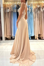 Simple Long Champagne A-line Lace Sleeveless Evening Dresses With Slit