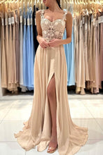 Simple Long Champagne A-line Lace Sleeveless Evening Dresses With Slit