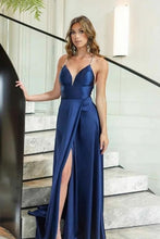 Simple Long Dark Navy Spaghetti Straps Evening Dresses With Slit