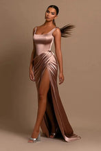 Simple Long Mermaid Straps Satin Sleeveless Formal Prom Dress With Slit