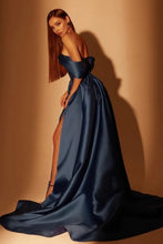 Simple Long Navy Blue A-line Off-the-shoulder Prom Dresses With Slit