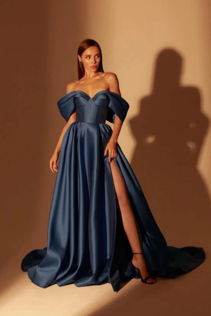 Simple Long Navy Blue A-line Off-the-shoulder Prom Dresses With Slit