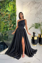 Simple Long Red A-line One Shoulder Sleeveless Satin Prom Dresses With Slit