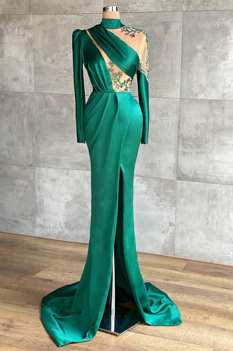 Simple Long Sleeve High Neck Mermaid Prom Dress With Slit