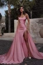 Simple Pink A-line Strapless Long Prom Dresses With Slit