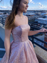 Simple Pink Long A-line Strapless Glitter Tulle Formal Prom Dresses
