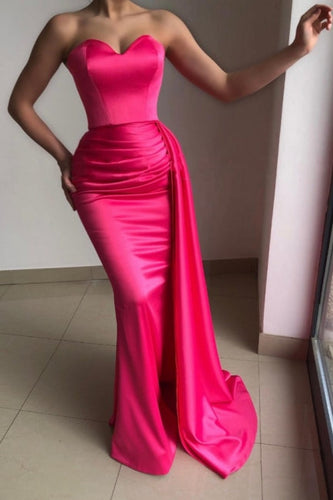 Simple Pink Strapless Sleeveless Mermaid Elastic Woven Satin Prom Dresses with Ruffles