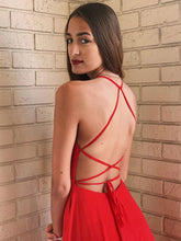 Simple Red A Line Backless Chiffon Long Prom Dresses with Leg Slit