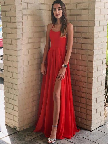 Simple Red A Line Backless Chiffon Long Prom Dresses with Leg Slit