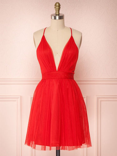 Simple Red A-line V Neck Backless Tulle Short Homecoming Prom Dresses