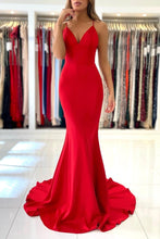 Simple Red Long Mermaid V-neck Open Back Prom Dresses