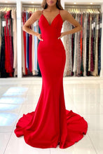 Simple Red Long Mermaid V-neck Open Back Prom Dresses
