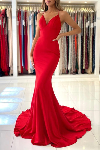 Simple Red Long Mermaid V-neck Open Back Prom Dresses