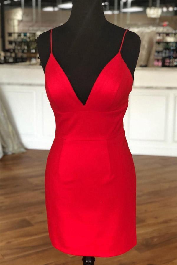 Simple Sheath V Neck Straps Red Mini Party Dress Homecoming Dress PD398
