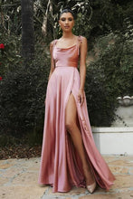 Simple Spaghetti Straps Sleeveless Column Elastic Woven Satin Prom Dresses with Ruffles