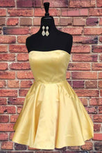 Simple Strapless Short Prom Dress Yellow Homecoming Dress with Pockets PD322