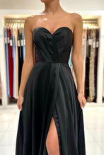 Simple Sweetheart Satin Evening Dresses Black Long Prom Dresses With Slit