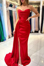 Simple sweetheart sleeveless mermaid satin prom dresses splitfront