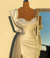 Simple White Long Mermaid Spaghetti Straps Beading Tulle Prom Dress With Slit