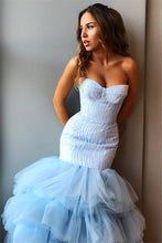 Sky Blue High Low Strapless Tulle Mermaid Prom Dress