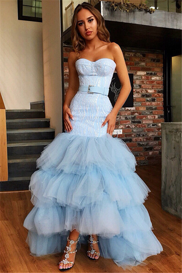 Sky Blue High Low Strapless Tulle Mermaid Prom Dress