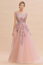 Sleeveless Aline Dusty Pink Long Evening Dress Tulle Lace Appliques Party Dress