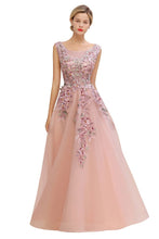 Sleeveless Aline Dusty Pink Long Evening Dress Tulle Lace Appliques Party Dress