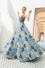 Sleeveless Aline Evening Dress V-Neck Flower Floor Length Prom Dress