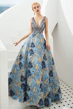 Sleeveless Aline Evening Dress V-Neck Flower Floor Length Prom Dress
