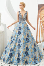Sleeveless Aline Evening Dress V-Neck Flower Floor Length Prom Dress