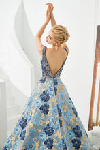 Sleeveless Aline Evening Dress V-Neck Flower Floor Length Prom Dress