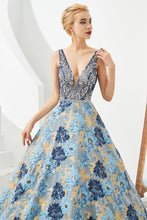 Sleeveless Aline Evening Dress V-Neck Flower Floor Length Prom Dress