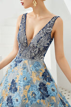 Sleeveless Aline Evening Dress V-Neck Flower Floor Length Prom Dress