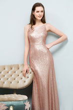 Sleeveless Floor Length A-line Scoop Sequined Prom Dresses