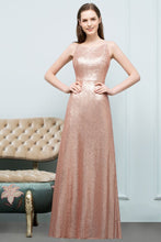 Sleeveless Floor Length A-line Scoop Sequined Prom Dresses