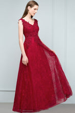 Sleeveless Lace Appliques A-line V-neck Long Prom Dresses with Crystals