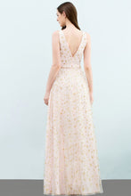 Sleeveless Long A-line V-neck Appliqued Tulle Prom Dresses