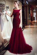 Sleeveless Long Sequined Tulle Burgundy Evening Gown