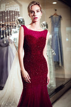 Sleeveless Long Sequined Tulle Burgundy Evening Gown