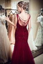 Sleeveless Long Sequined Tulle Burgundy Evening Gown