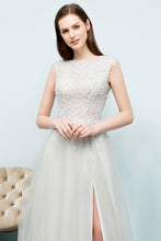 Sleeveless Long Split A-line Appliqued Tulle Prom Dresses