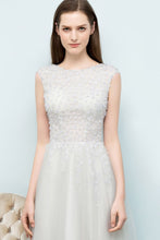 Sleeveless Long Split A-line Appliqued Tulle Prom Dresses