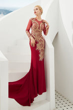 Slim Long Sleeves Gold Appliques Mermaid Evening Gowns Floor Length Event Party Dress