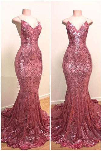 Spaghetti-Straps Sequins Prom Dress Mermaid Long