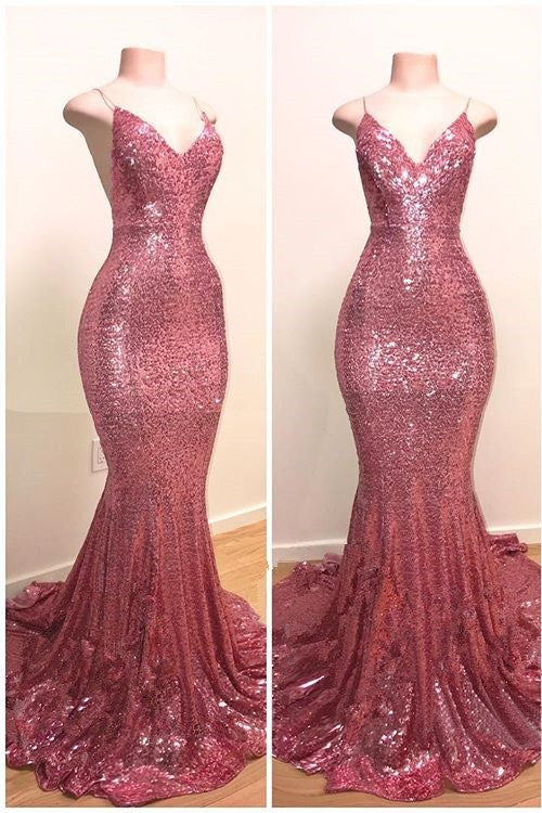 Spaghetti-Straps Sequins Prom Dress Mermaid Long