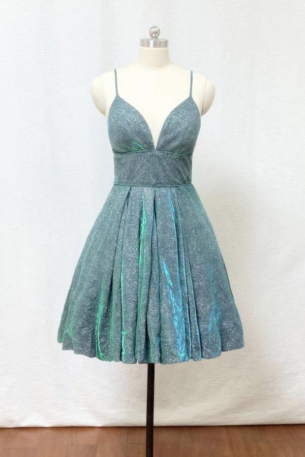 Spaghetti Straps Silver Green Glitter Short Homecoming Dress with Pockets PD428