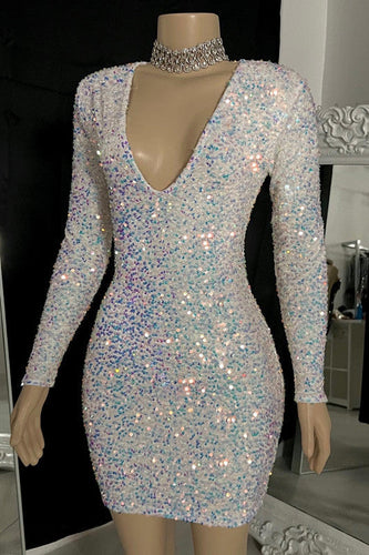 Sparking V-neck Long Sleeves Mini Prom Dress With Beads