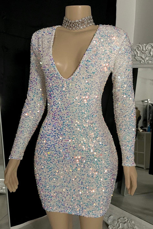 Sparking V-neck Long Sleeves Mini Prom Dress With Beads
